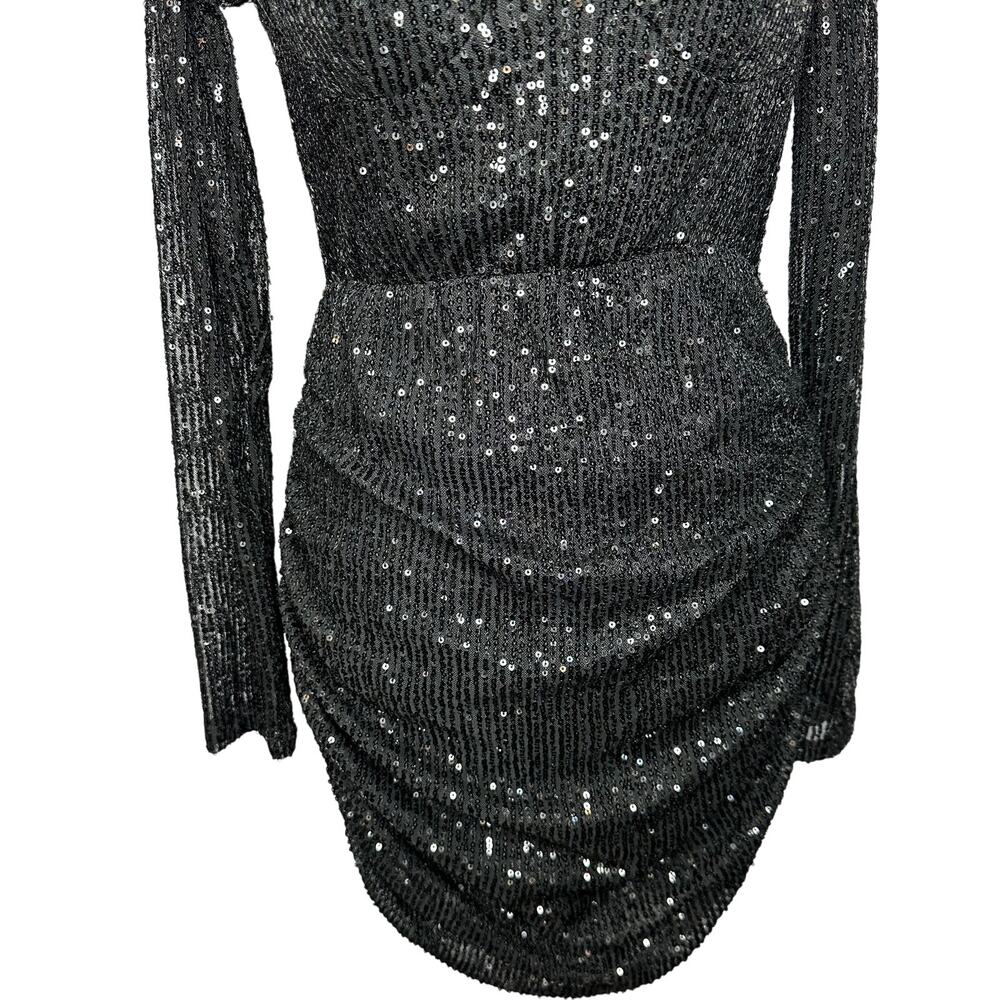 Hello Molly Black Sequin Posted Long Sleeve Ruched Party Cocktail Dress 6 Medium - Picture 8 of 13